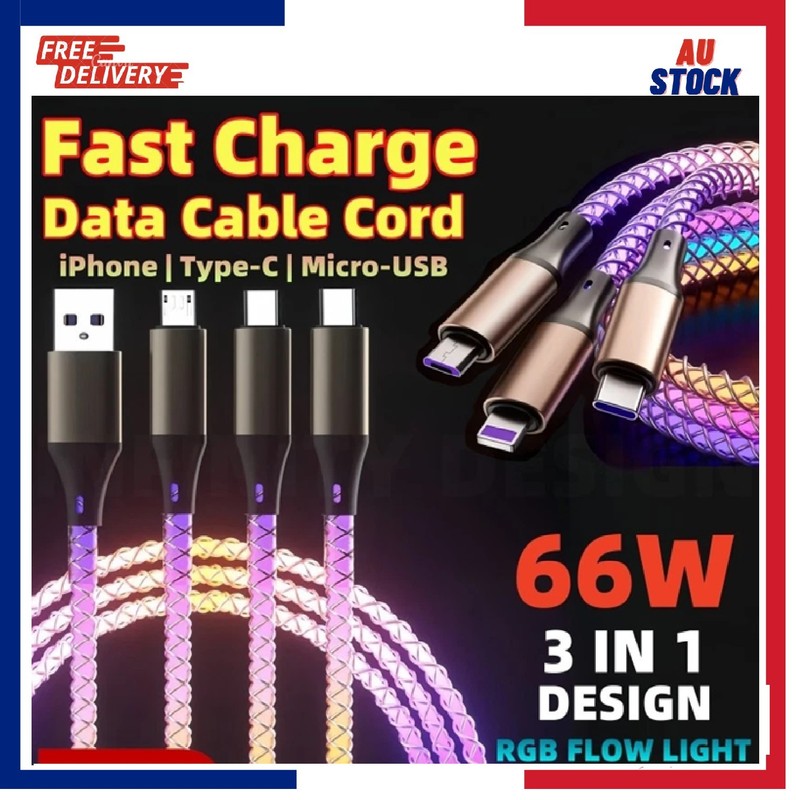 3 IN 1 LED Flowing Light 66W Fast Charging Cable Cord Type-C USB Samsung iPhone