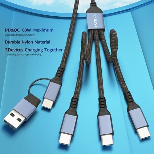 3 in 2 Multi Charging Cable 5FT 60W USB C Splitter Cord, Nylon Braided PD QC Fas gallery