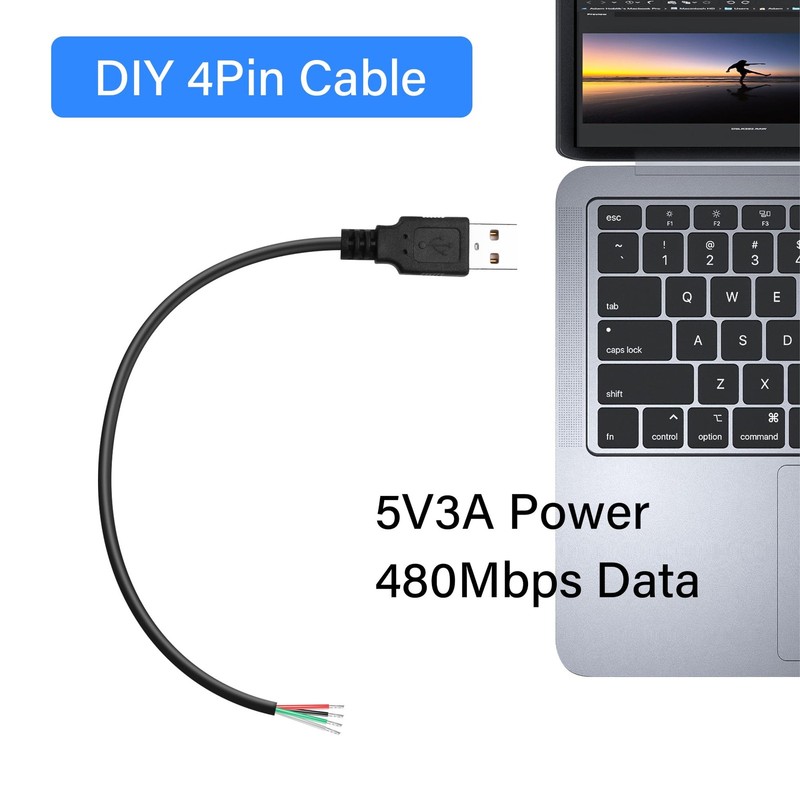 2 Pack 30cm USB DIY Pigtail Cable 22AWG 5V/3A USB A Male To 4 Pin Bare gallery