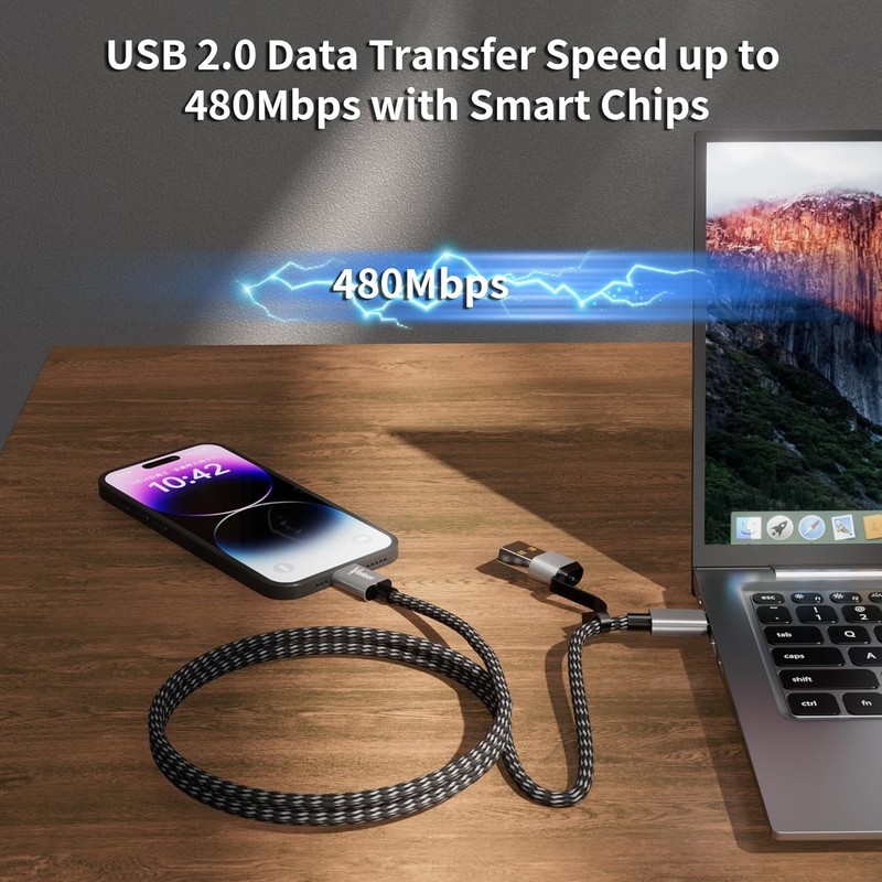 High-Speed 60W USB C Charger Cable - 2FT 2-in-1 Braided Multi-Device Cord gallery