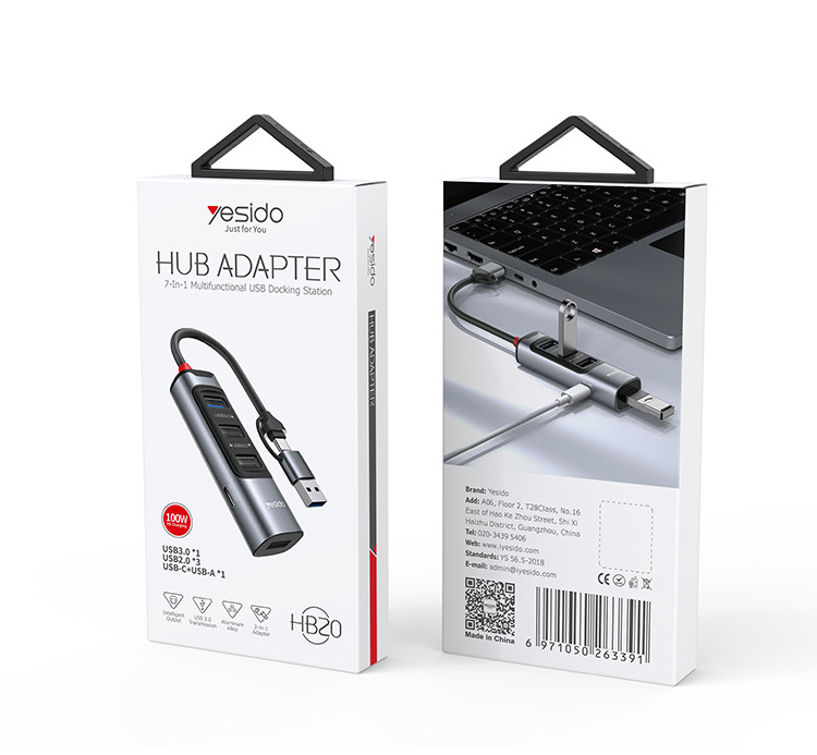 Yesido HB20 5-in-2 USB Hub Type-C & USB to 4 USB Ports+100W PD USB 3.0+2.0 Black gallery