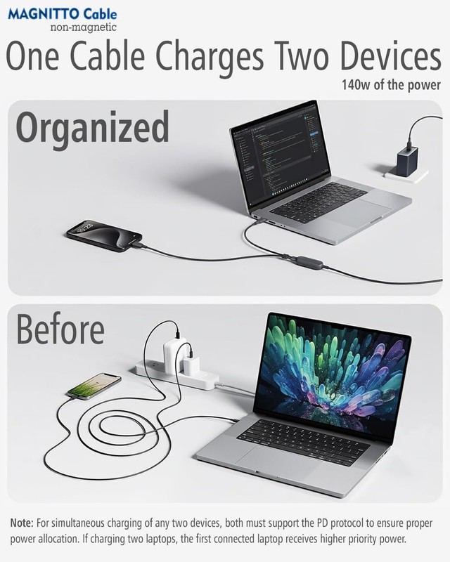 2-in-1 USB to USB Cable 140W, 7.5FT Long Dual USB-Splitter Charging Cord, Bra... gallery