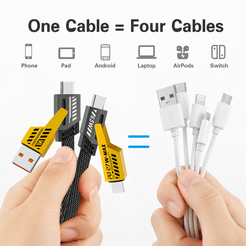 65W Fast Charging Cable 4 In 1 Braided USB C Micro USB Data Sync Cord 4FT gallery