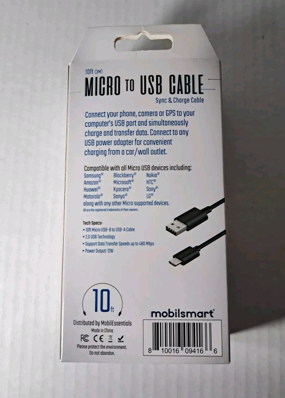 New Sealed Micro to USB 10ft Cable - BLACK - mobilsmart gallery
