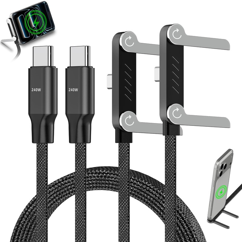 240W USB C to USB C Cable 5FT with Stand, 2-Pack, Right Angle Braided for iPhone