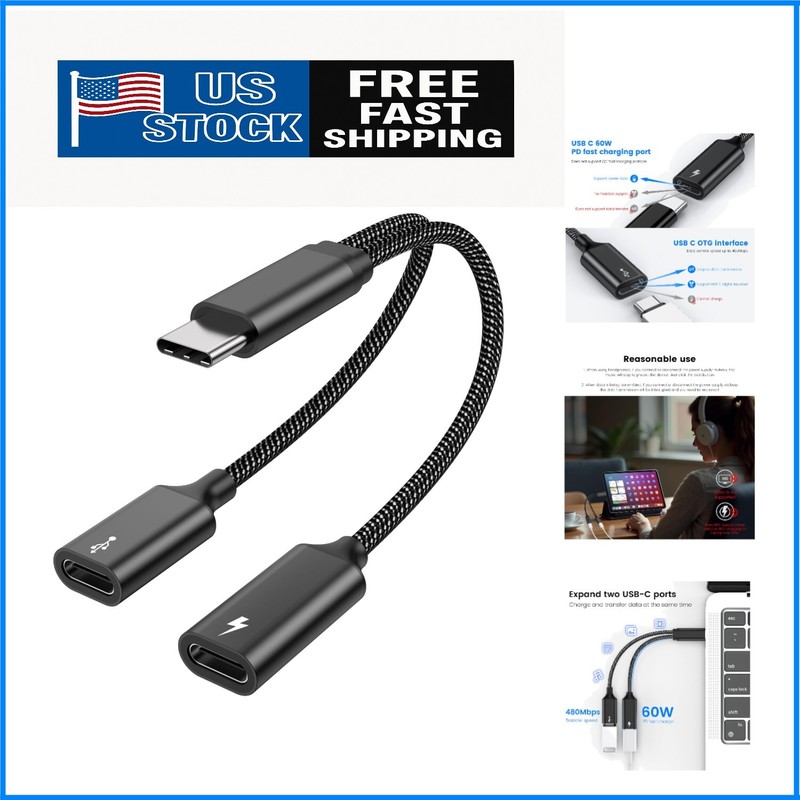 Versatile USB C Y Splitter – Charge & Transfer Data Simultaneously, 60W Power