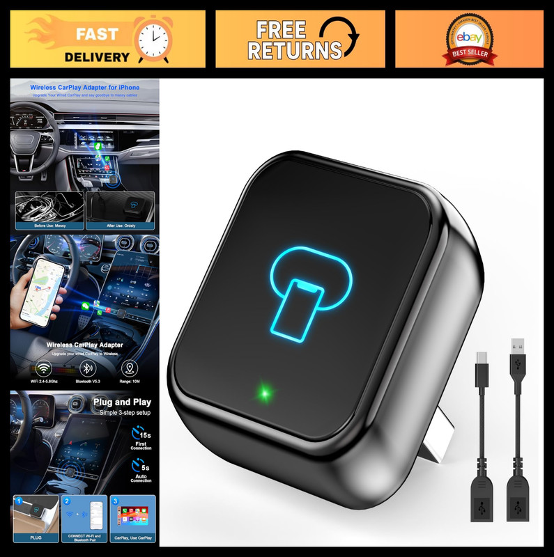 Wireless CarPlay Adapter for iPhone – Upgrade Wired to Wireless, Mini USB, Plug-