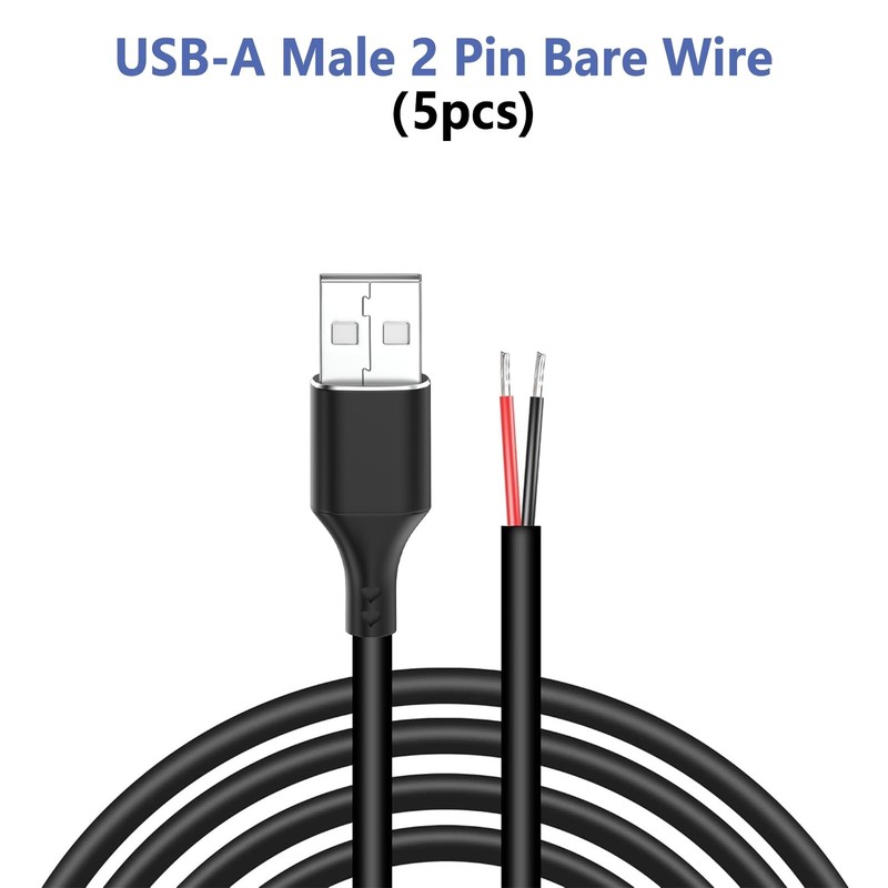 Vovucai 5 Pcs USB A Male to Bare Wire Cable - 12V/3A 30cm Open End Pigtail Po... gallery