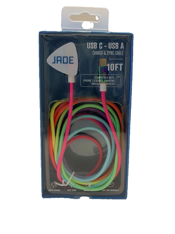JADE USB-C to USB-A Cable 10FT Rainbow Charge Sync iPhone 15 Samsung New