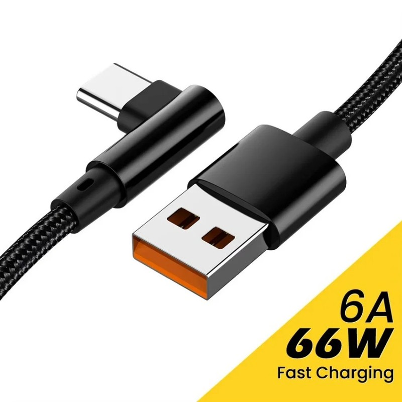 6A 66W Type C USB Fast Charging Cable 90 Degree Elbow Charger Cable for Gaming Q
