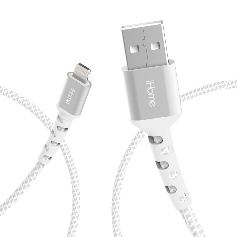 iHome Fabric Braided to USB Cable, White, 6′