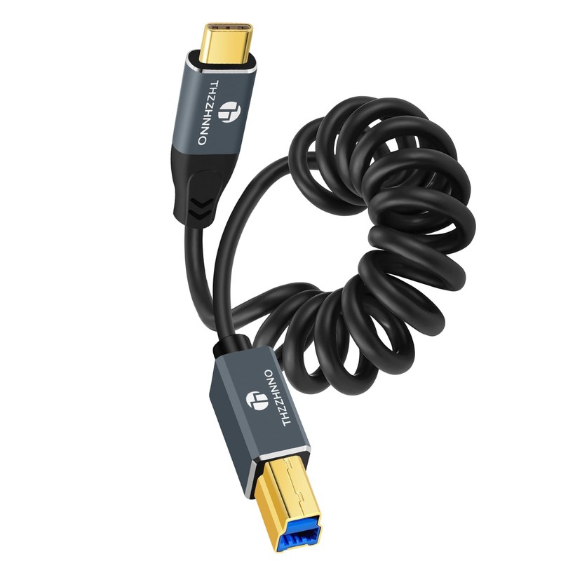 Coiled USB B to USB C Printer Cable, 5Gbps, Retractable, 0.75FT to 3.3FT