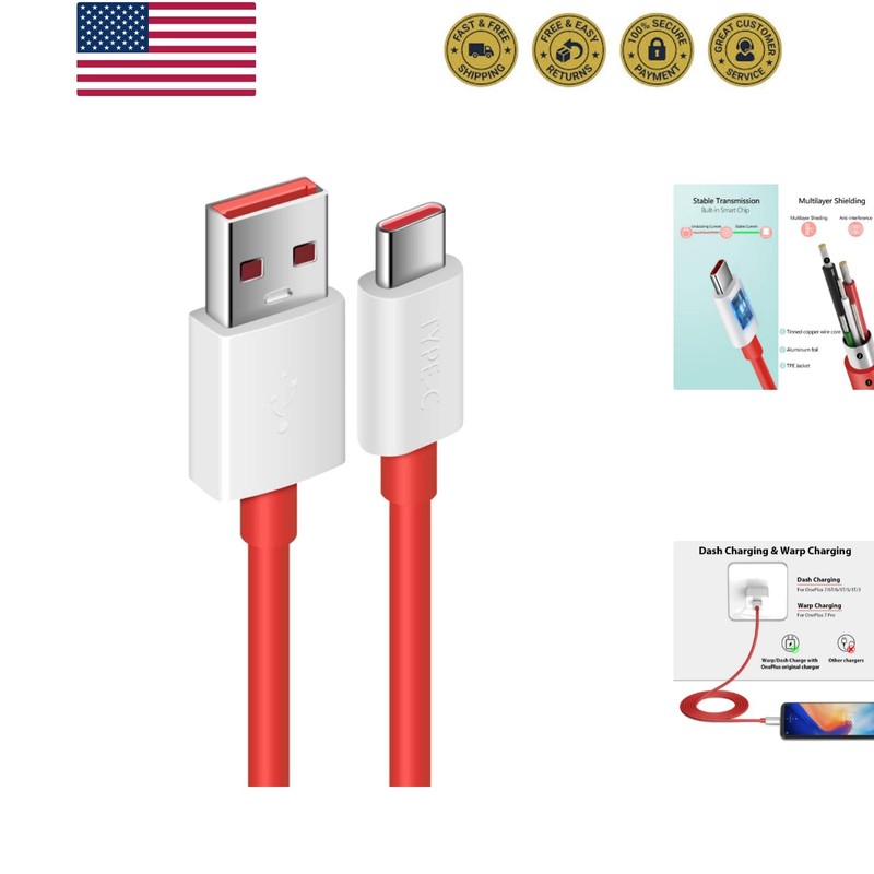 120W for Warp/Dash-Charge Cable for OnePlus 7 Pro 8 7T 6, 5V 4A Type C Cable …