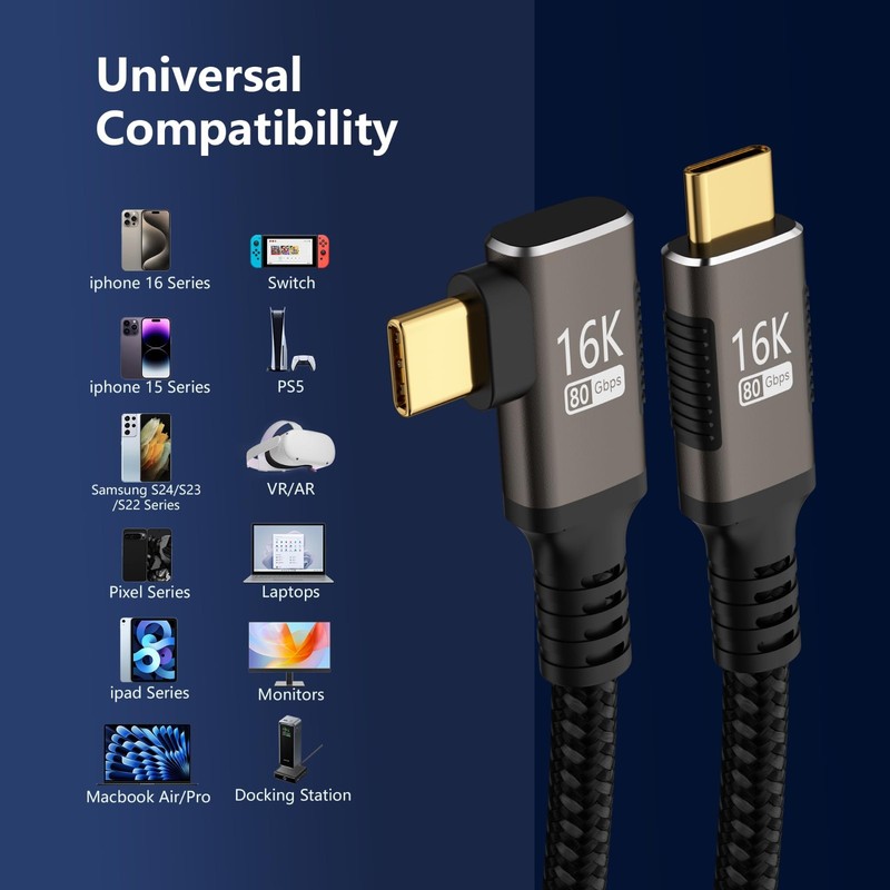 6.6FT Right Angle USB-C Cable, 90° Type C 240W Fast Charging, 16K/8K Video, 80Gb gallery
