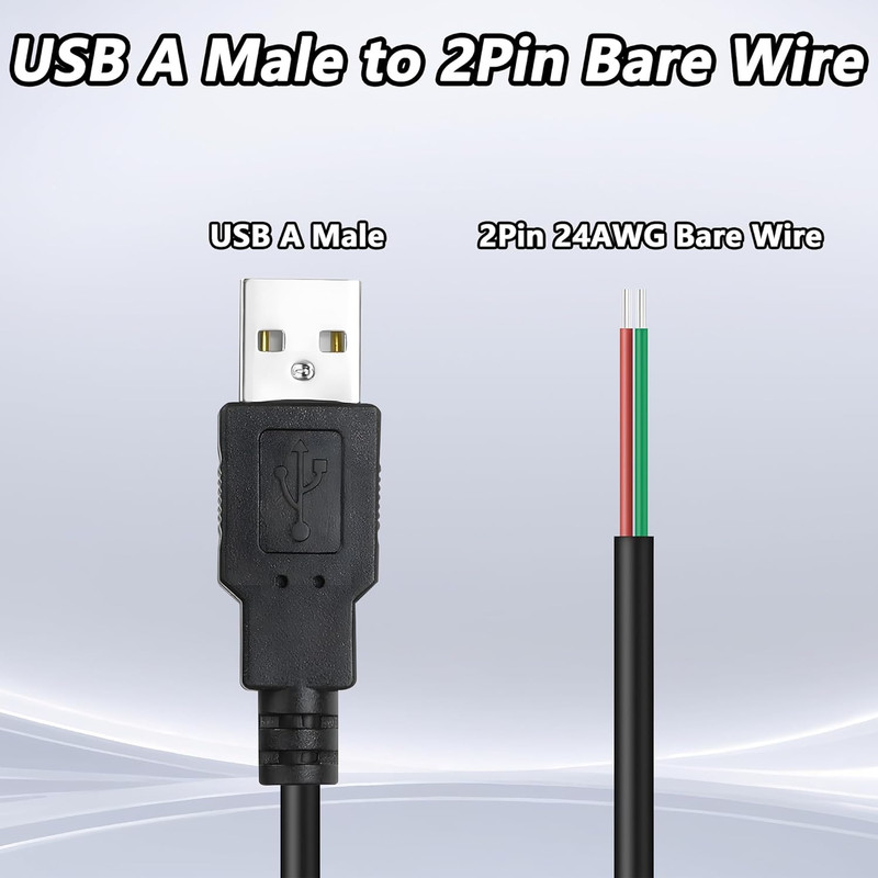 USB 2.0 to Bare Wire Cable, 0.3M USB-A Male to 2-Pin Open End Pigtail, 24AWG 5V gallery