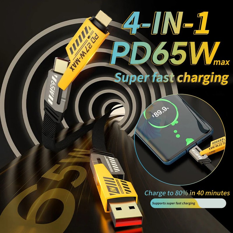 4-in-1 Flat Braided Anti-tangle Charger Cable For iPhone Samsung Type C USB Lead gallery