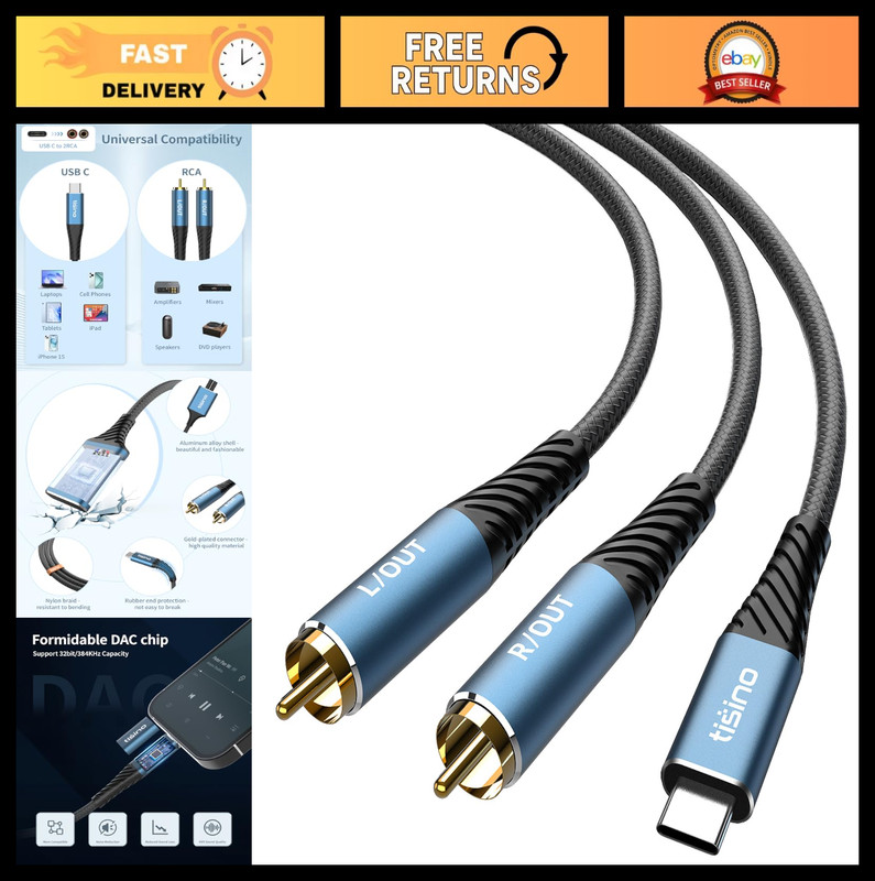 USB C to RCA Audio Cable 3.3FT – 32bit/384kHz Stereo Splitter for Home Theater,