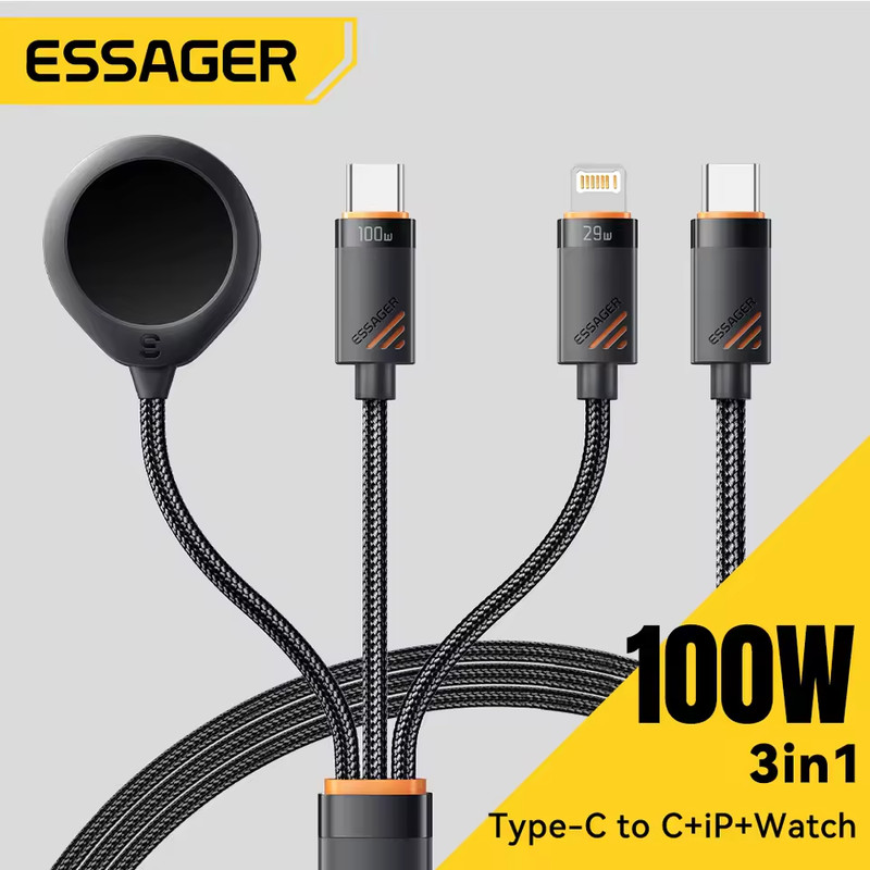 Essager, 3‑in‑1, 100W, Fast Charging, USB‑C, iPhone, iWatch, PD, Quick Charge