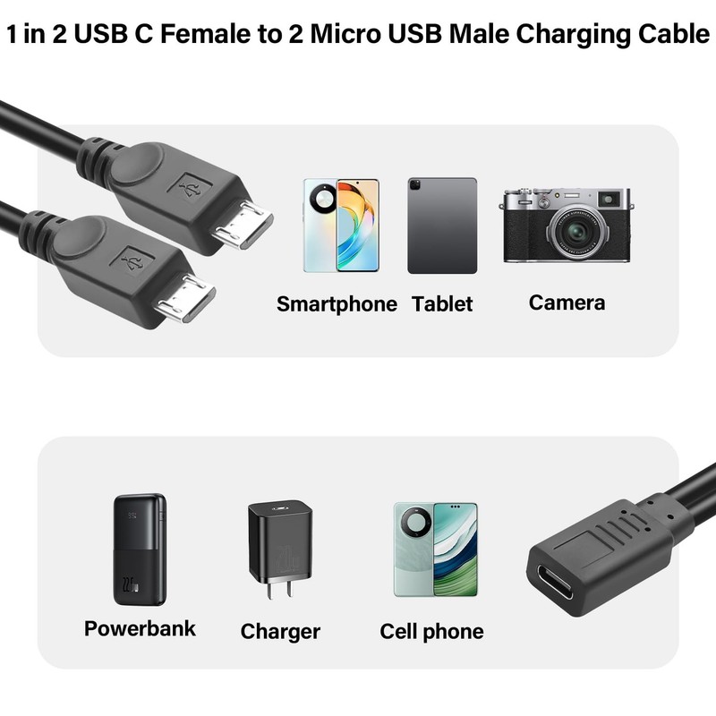 USB to 2 Micro USB 1 in 2 Splitter Charging Short Cable 5V3A USB Female to Du... gallery
