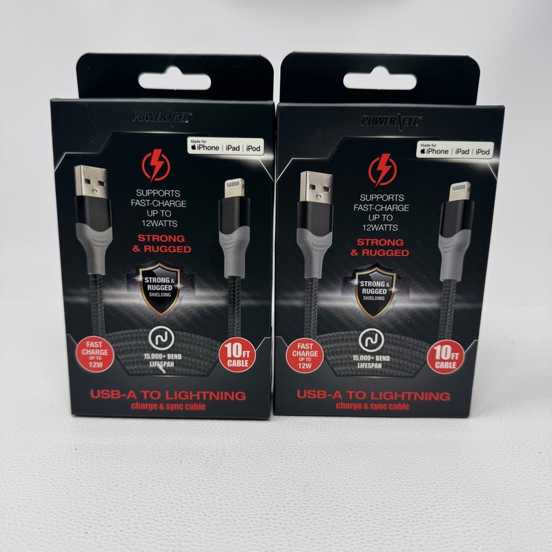 PowerXcel USB-A to Lightning Cable 10ft MFi-Certified Fast Charge 12W Lot of 2