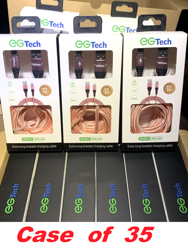 Lot of 35 iPhone Charging Cable 12ft, Type C, Braided, Rose Gold, Charger Cables