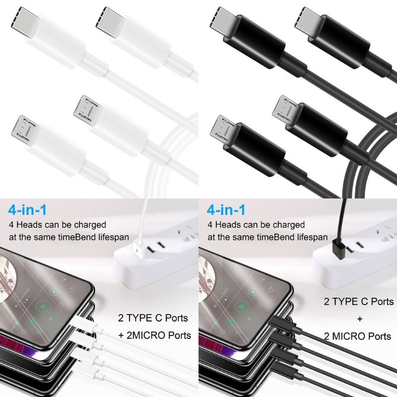 Portable 1 in 4 Out Multi-port Charge Cord USB to 2x Type-C+2x Micro Power Cable gallery