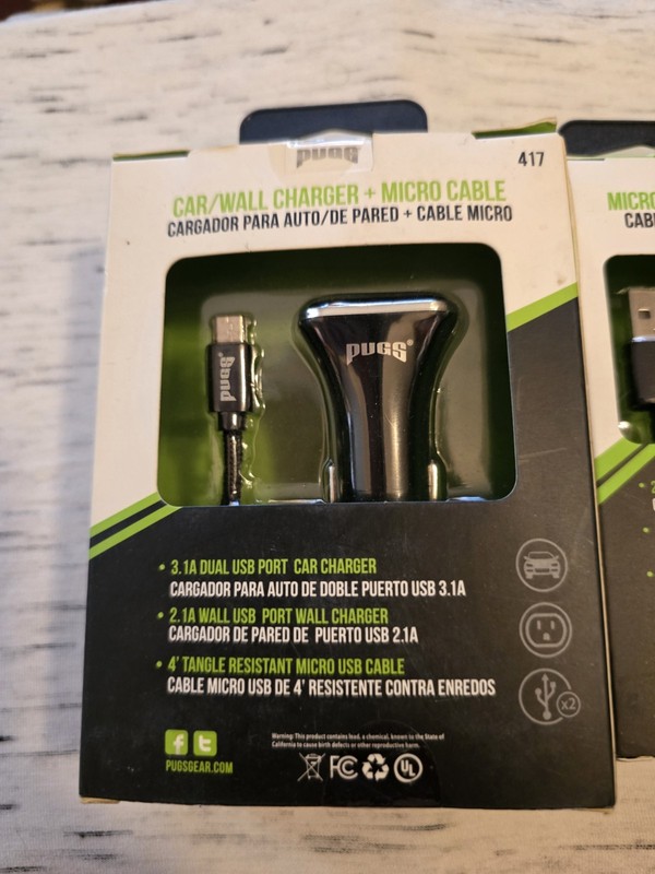 Lot of 2 – PUGS Car/Wall Charger + Micro USB Cable & 9FT Micro USB Cable – New gallery