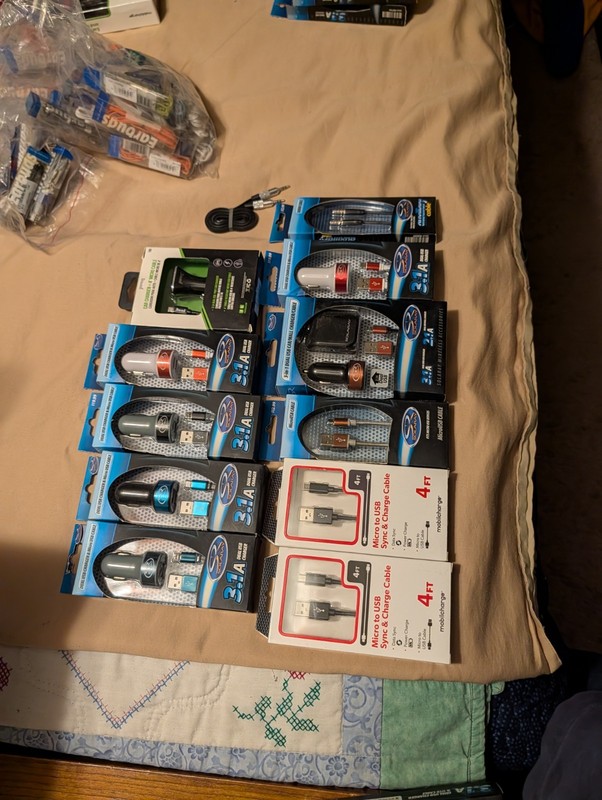 micro USB cords and car chargers and aux cords 7 car chargers 1 wall plug 2 aux