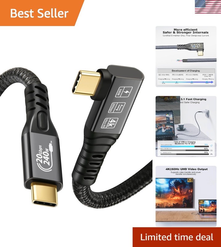 24K Gold-Plated USB C 3.2 Gen2 Cable – 90-Degree Design & Fast Charge