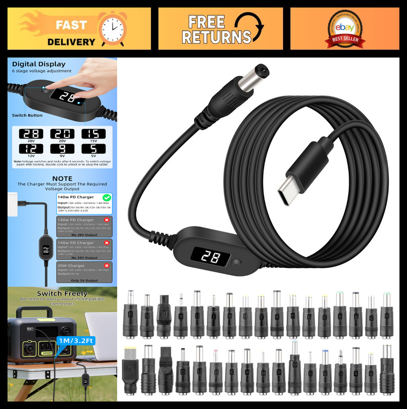140W USB C to DC Adapter, Type C Barrel Power Cable, 34 Universal Tips, 5V-28V