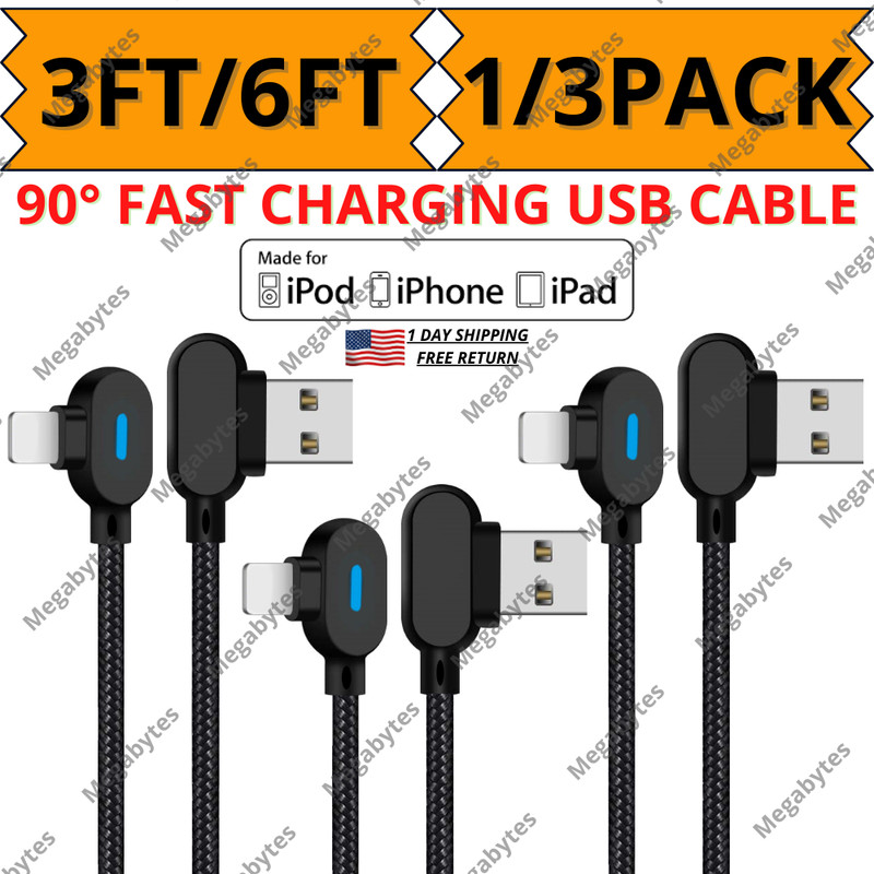 90 Degree Right Angle USB Fast Data Sync Charger Cable For iPhone 14 13 12 11 XR