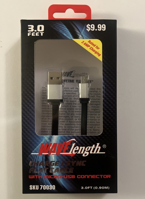 Wavelength Micro USB Charging Cable – Fits all Micro USB phones – 3ft SKU 70030