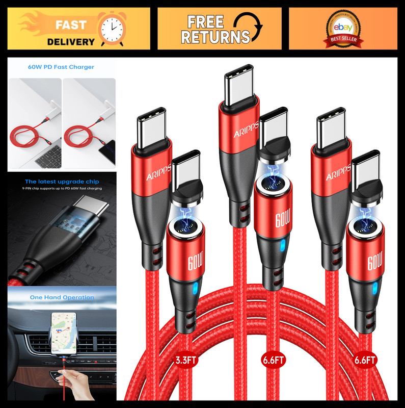 USB C Magnetic Charging Cable 3-Pack, Fast 60W/3A Type C Charger Cord, 3.3ft/6.6