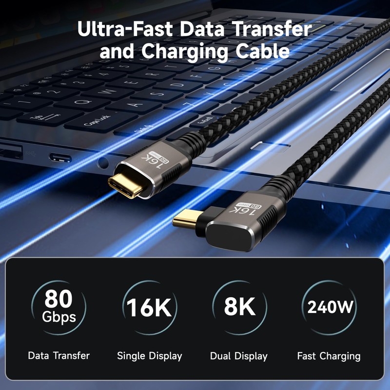 6.6FT Right Angle USB-C Cable, 90° Type C 240W Fast Charging, 16K/8K Video, 80Gb gallery