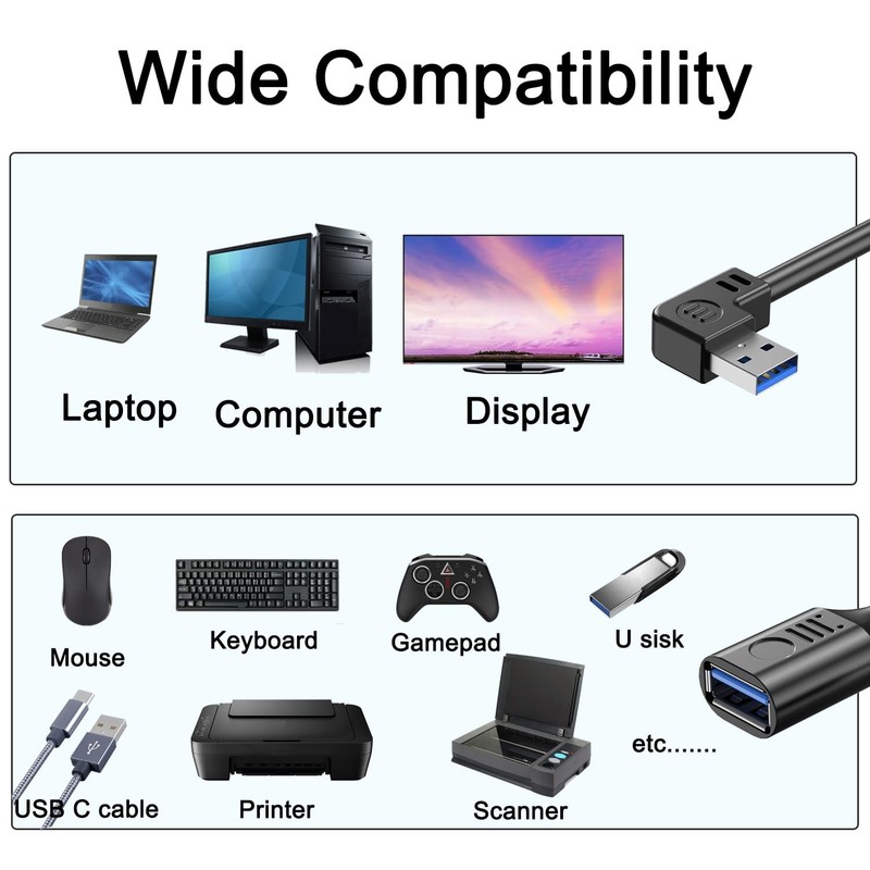 1 PCS Black 3.3FT/100cm 90 Degree USB 3.0 Right Angle Male To Female Ext Cable gallery
