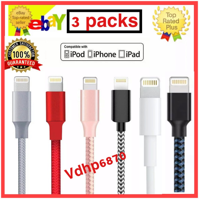 3 Cables iPhone Charger for Apple iPhone 12 11 X 13 14 iPad USB Cable