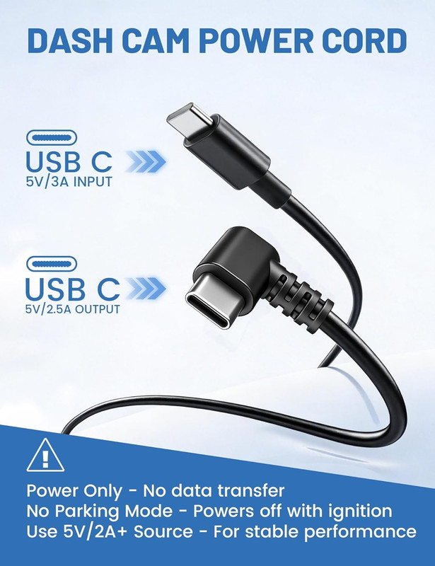 USB C to 90 Degree USB C Dash Cam Power Cord 10FT, Replacement Type C Dashcam Po gallery