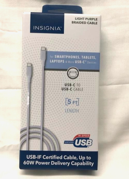 NEW Insignia 5ft USB-C to USB-C Charge Sync Braided Cable LIGHT PURPLE Power 60w gallery