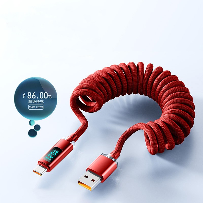 USB-C Spring Coil Cable Fast Phone Lead Charger 120W Braided Wire Dynamic Power