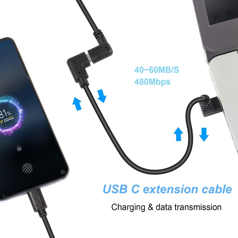 USB C Extension Cable Extender Cord Up Angle 90 Degree Male Right Female 0.3m gallery