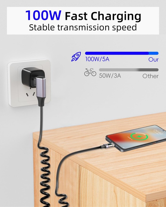 Coiled USB C To USB C Cable LED Display 90 Degree PD 100W Fast Charging Cord gallery