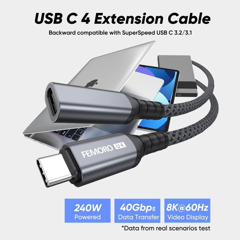 USB C Extension Cable 3ft, 8K60Hz/40Gbps/240W USB 4 Extender, Video Display T... gallery