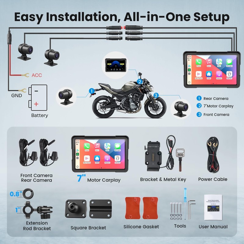 7" Motorcycle Carplay & Android Apple Screen Dual 2k Dash Cams, GPS Nav, Dual BT gallery