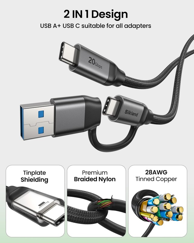 2 in 1 10Gbps USB A to USB C Data Cable 3.1/3.0, USB C to USB C 3.2 GEN 2x2 2... gallery