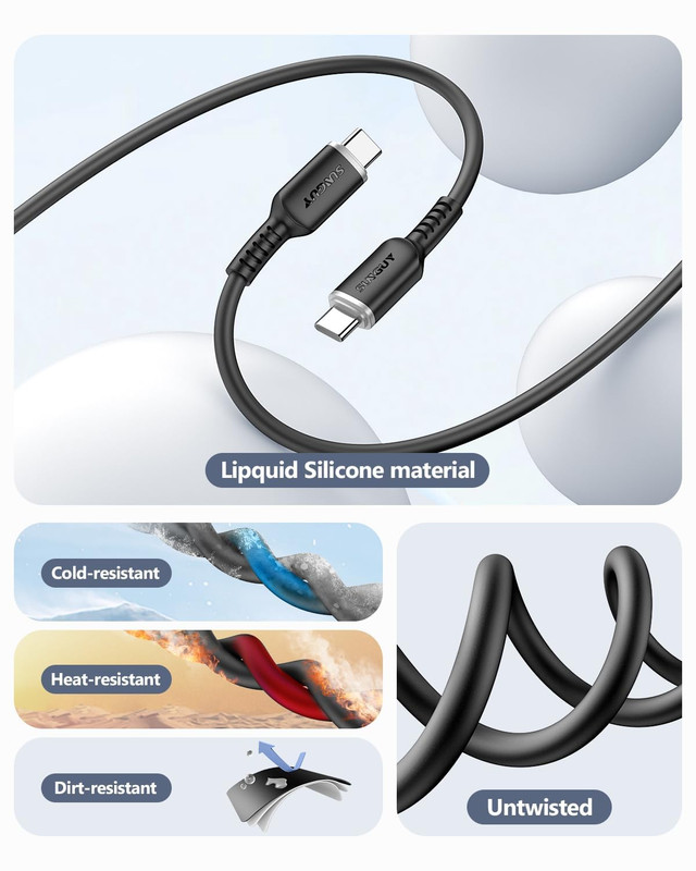 USB C to C Cable 1FT, 2Pack 100W Soft Silicone 1Ft+1Ft, Black gallery