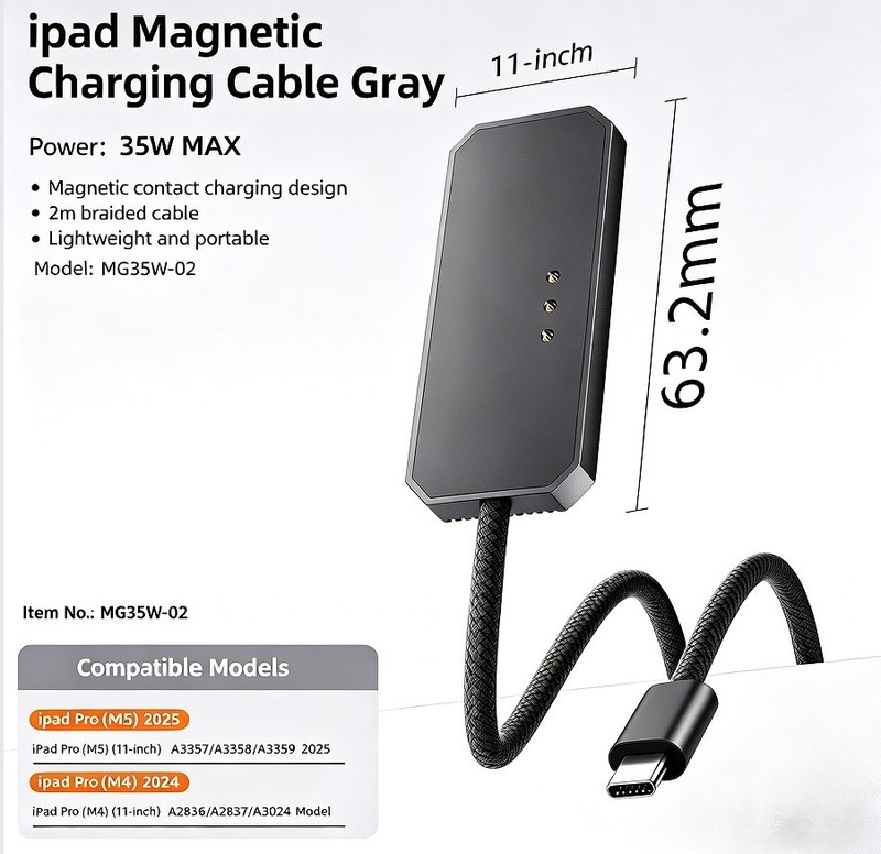 Magnetic Wireless Charger Cord For iPad Pro 11"M5/M4,35W Fast Charge Cable 2M gallery