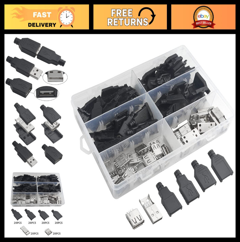40 Set USB Connector Kit – Type A Male & Female 4 Pin Plug Sockets for DIY Proje