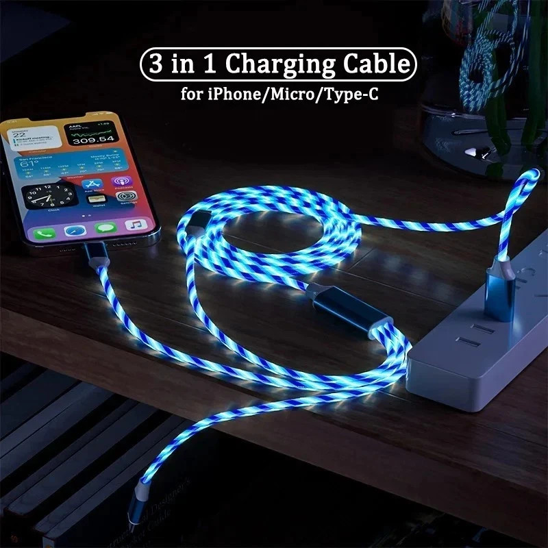 3 in 1 LED Light Glowing Charging Cable 3A Micro USB C Type C gallery