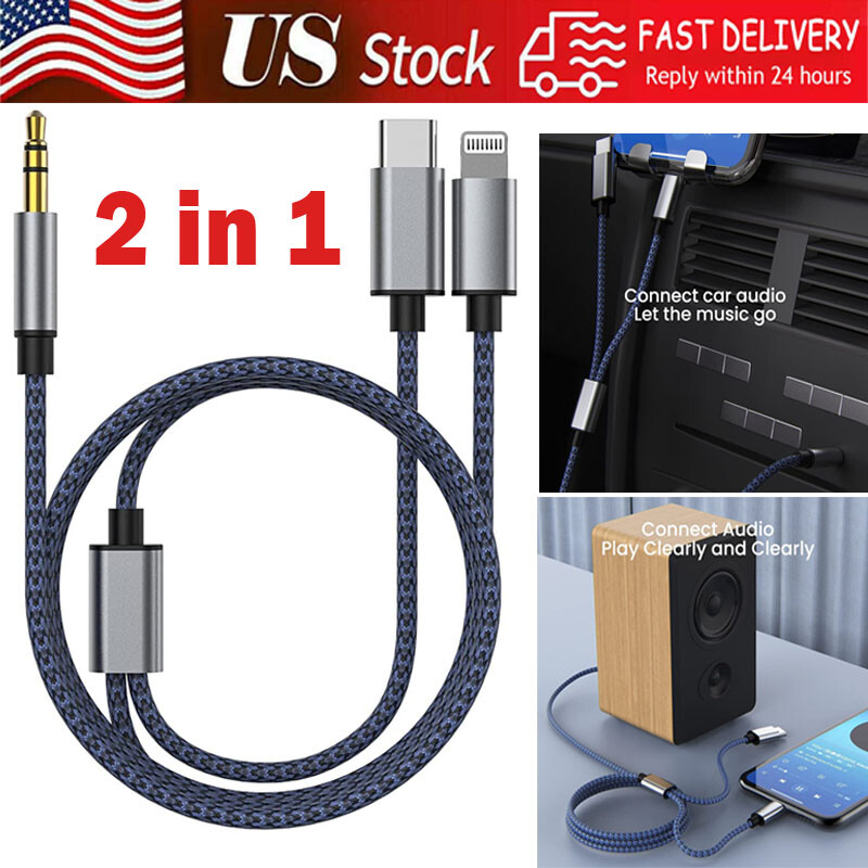 2 in 1 Type-C iOS to 3.5mm AUX Audio Cord Cable For iPhone 16 15 14 13 Pro Max