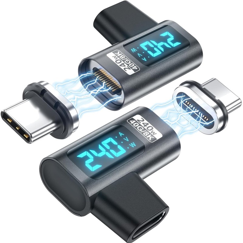 Digital Display USB C Magnetic Adapter 2 Pack Right Angle 240W Power Meter